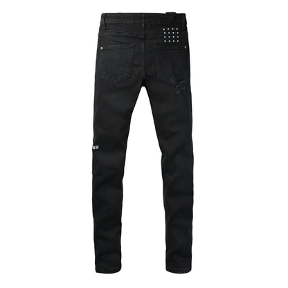 Black Distressed Leopard Print Patch Slim Fit Denim Jeans 3076