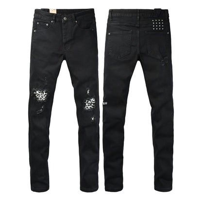 Black Distressed Leopard Print Patch Slim Fit Denim Jeans 3076