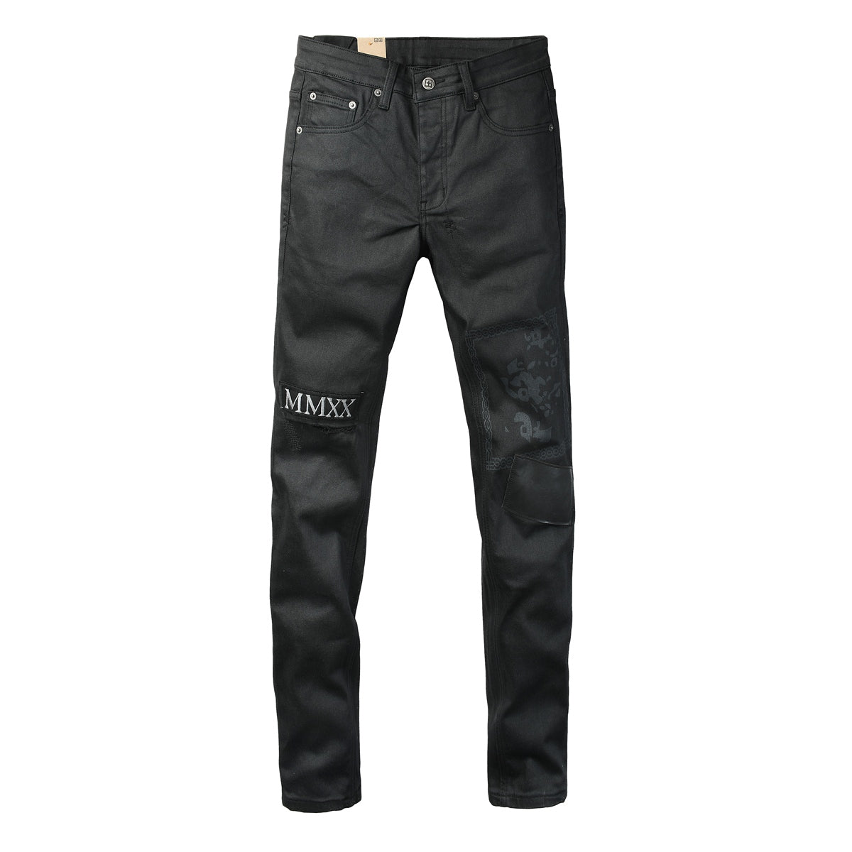Washed Black MMXX Bandana Graphic Patchwork Slim Fit Jeans 3078
