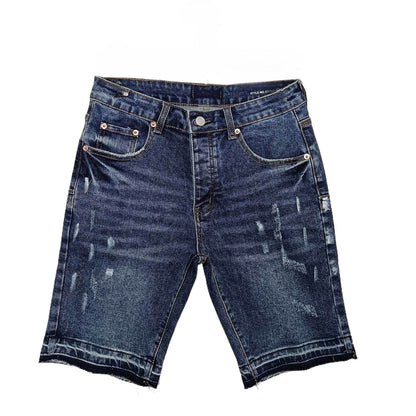 Dark Blue Distressed Denim Shorts Men - Ripped Details, Washed Effect, Raw Hem Summer Jeans Shorts