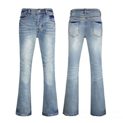 Men's Blue Flare Jeans - Vintage Faded Wash Denim with Slim Bootcut Silhouette