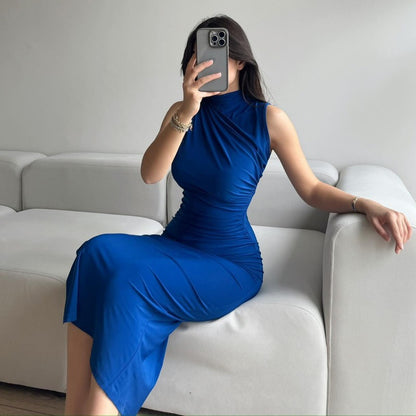 Nouvelle robe longue sexy sans manches à taille haute de couleur unie pour femmes D1993376