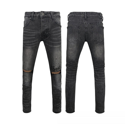 Men's Distressed Charcoal Black Skinny Jeans - Unique Knee Rip & Aged Wash Fringed Finish