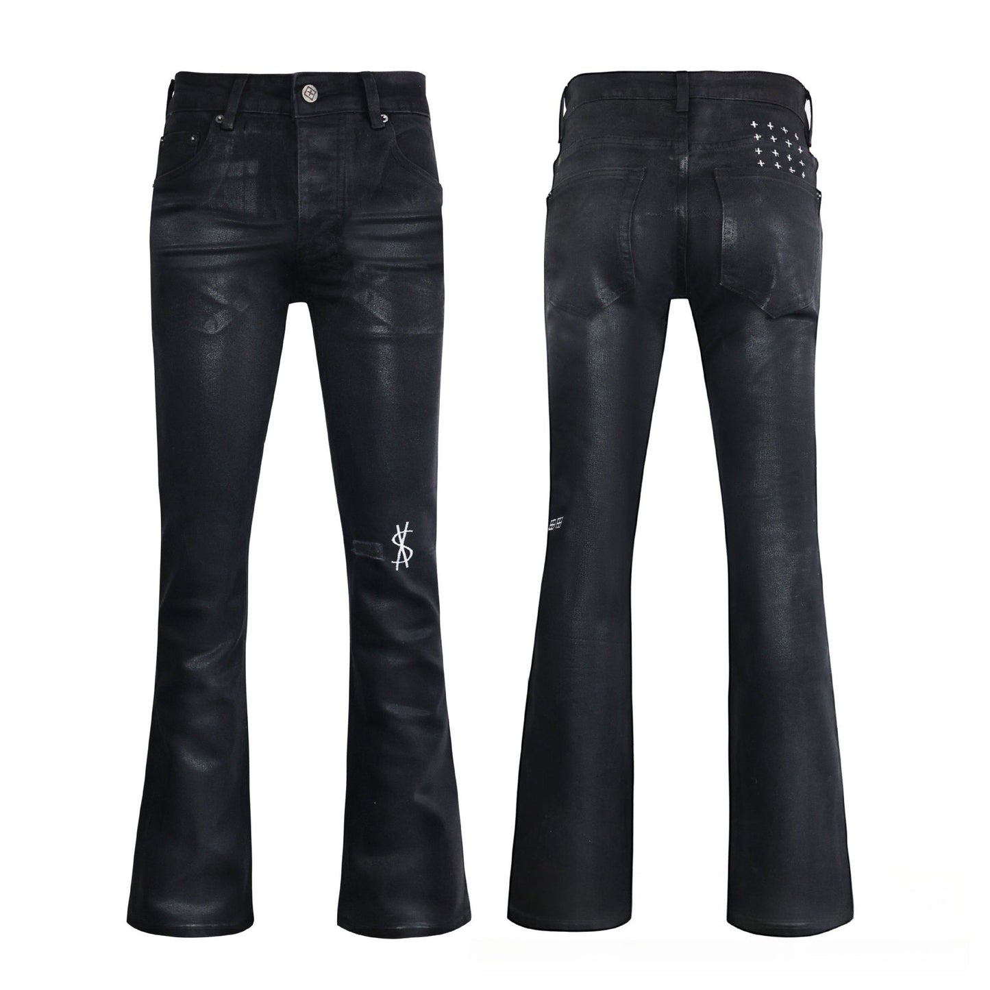 Men's Artistic Coated Black Jeans - Vintage Faded Denim with Green & Yellow Paint Splatter