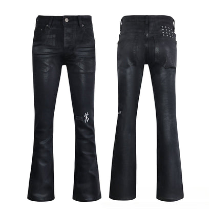 Men's Artistic Coated Black Jeans - Vintage Faded Denim with Green & Yellow Paint Splatter