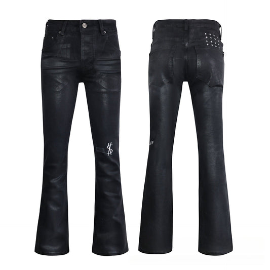 Men's Artistic Coated Black Jeans - Vintage Faded Denim with Green & Yellow Paint Splatter
