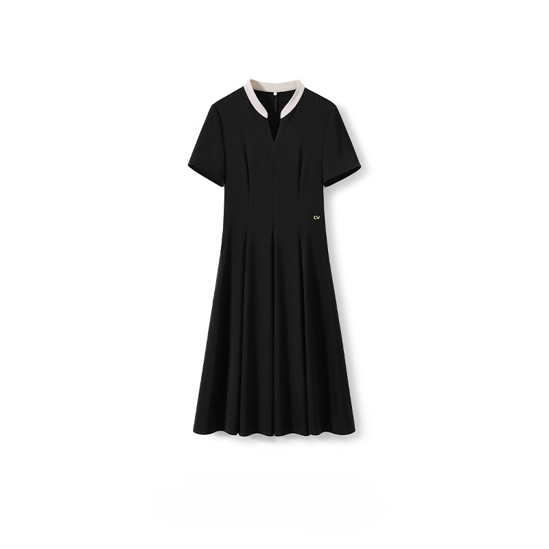 Little Black Dress Series Color-Blocked Round Stand Collar Slim Fit Short Sleeve Acetate Dress