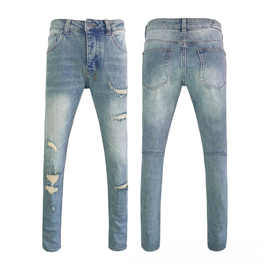 Light Blue Distressed Skinny Jeans Men - Ripped Knees with Frayed Edges, Cross Stitch Embroidery Back, Faded Wash Slim Fit