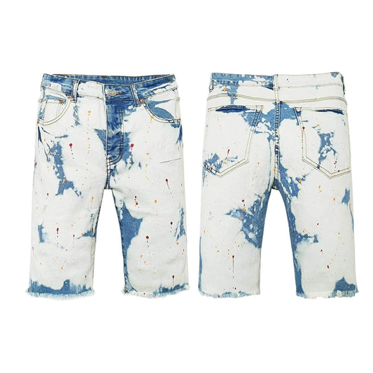 Light Blue & White Bleached Distressed Denim Shorts Men - Multicolor Paint Splatter & Drip Effect, Raw Frayed Hem Summer Style
