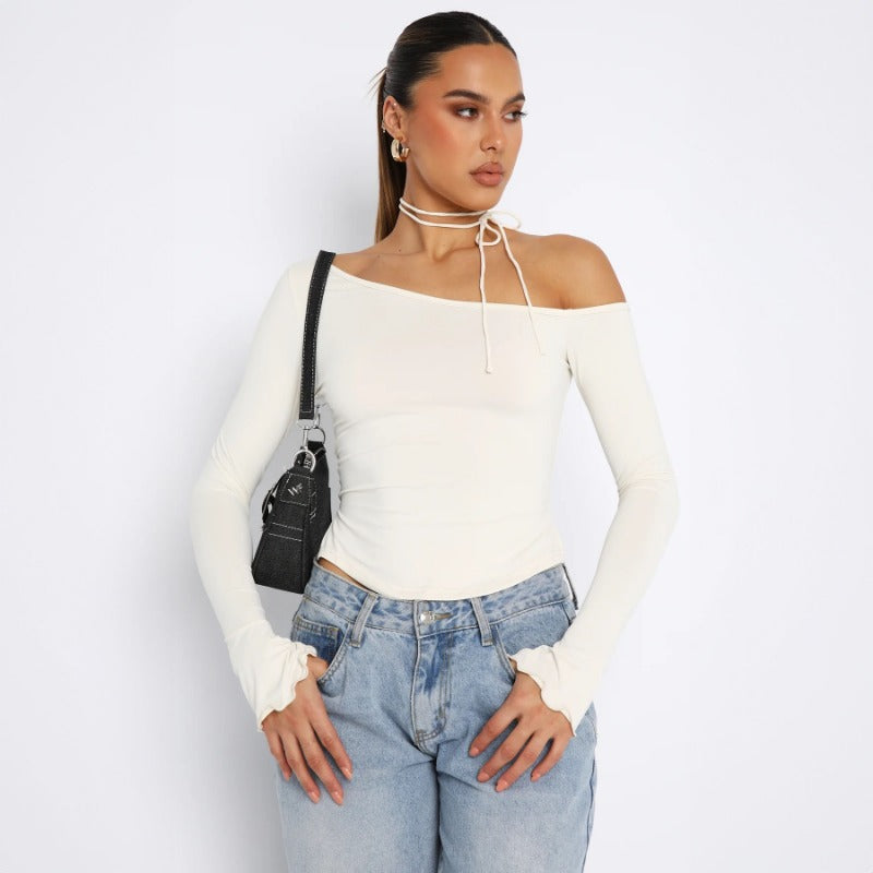 New Fashionable Solid Color Asymmetric Shoulder Fitted Off-Shoulder Sexy Long-Sleeve T-Shirt T1992727