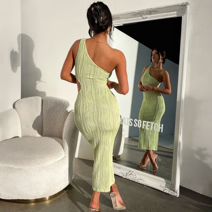 New Fashion Solid Color Striped Slim Fit Off-Shoulder Hollow-Out Dress  D1992345