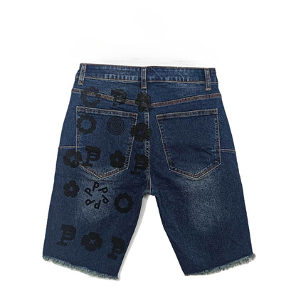 Men's Dark Blue Denim Shorts with All-Over Black P & Floral Print - Distressed Raw Hem Casual Jean Shorts