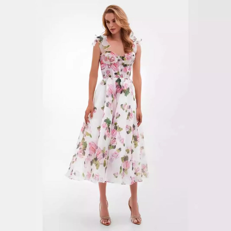 Nouvelle robe mi-longue éthérée en organza à épaules dénudées printemps/été 2024 de la mode européenne et américaine avec un attrait de robe de soirée élégante