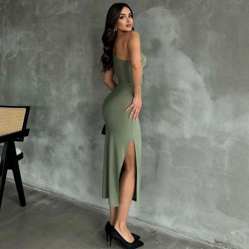 New One-Shoulder Solid Color Slit Sleeveless Sexy Slim-Fit Dress D1993369