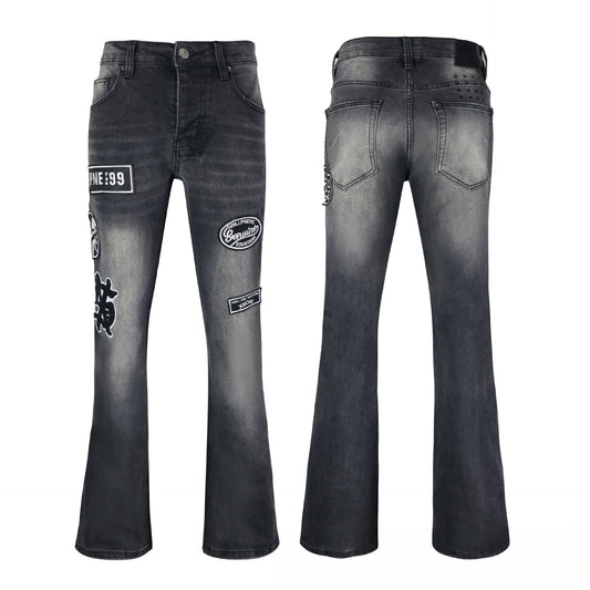Premium Charcoal Black Denim - Iconic Cross Embroidery Detail with Rugged Aged Finish