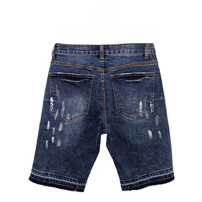 Dark Blue Distressed Denim Shorts Men - Ripped Details, Washed Effect, Raw Hem Summer Jeans Shorts