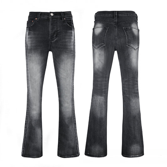 Men's Black Studded Flare Jeans - Avant-Garde Side Seam Metal Details & Vintage Washed Denim