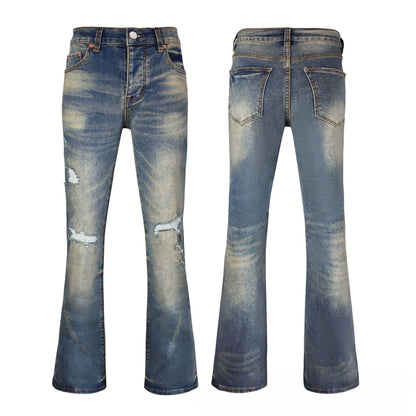 Classic Blue Wash High Rise Destroyed Flare Jeans - Retro Ripped Denim