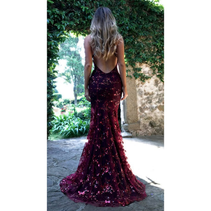 New Spaghetti Strap V-Neck Backless Sequin Tie-Back Gown yq799