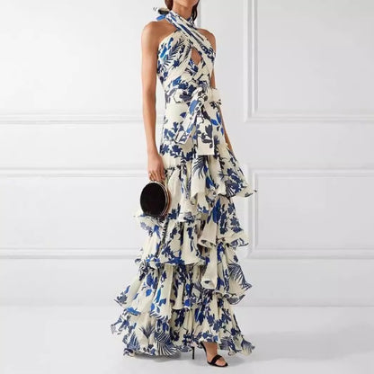 Nouvelle robe imprimée style bohème d'été à jupe évasée Lolita à bretelles nouées de style européen et américain