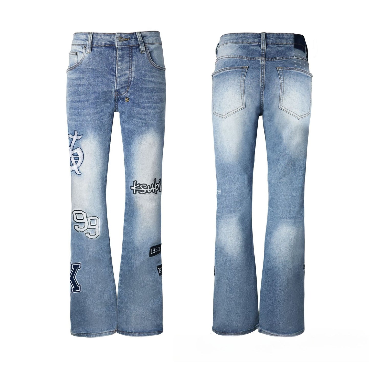 Men's Medium Blue Flare Jeans - Vintage Whisker Wash Denim with Classic Bootcut Fit