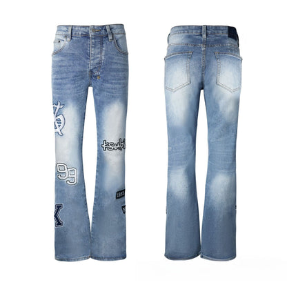 Men's Medium Blue Flare Jeans - Vintage Whisker Wash Denim with Classic Bootcut Fit