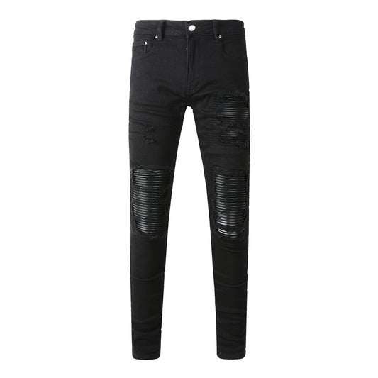 5200 High Street Trendy Brand Street Wind Ripped Beggar Jeans Slim-fit Elastic Jeans