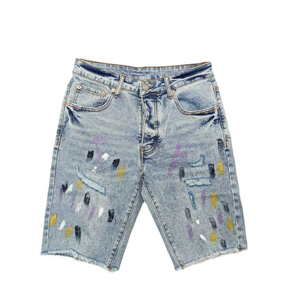 Men's Light Blue Distressed Denim Shorts with Multi Color Paint Splatter Ripped Raw Hem Streetwear