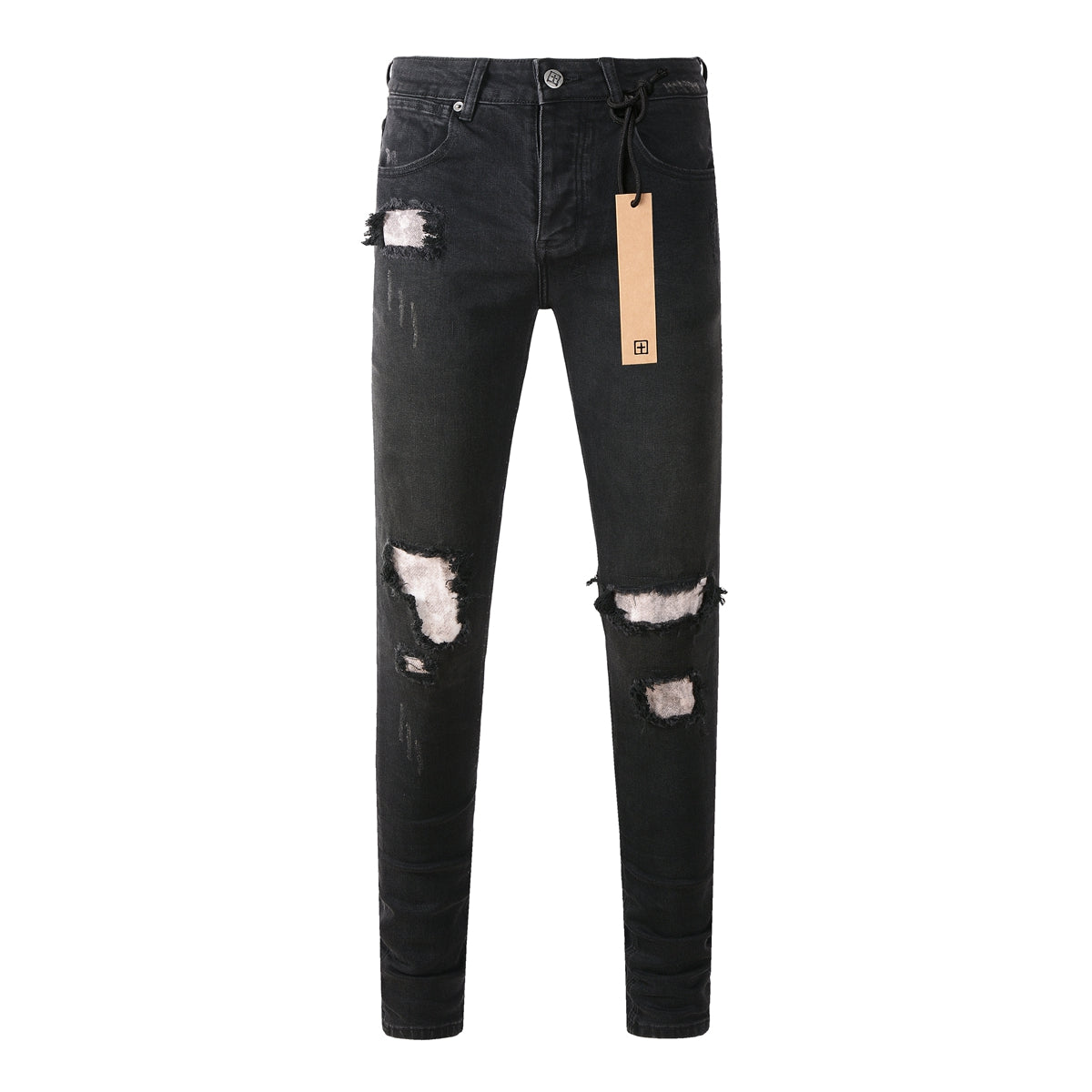 Slim Fit Black Jeans with Multiple Rips and Distressed Finish 3002