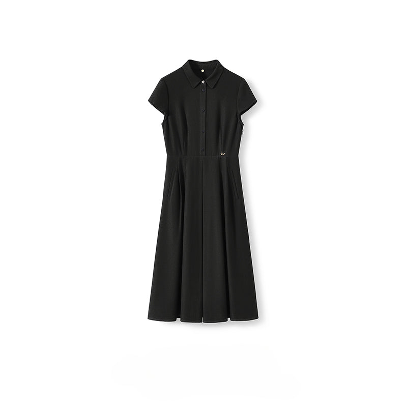 Robe à manches courtes ajustée à la taille en acétate et soie de la série Little Black Dress