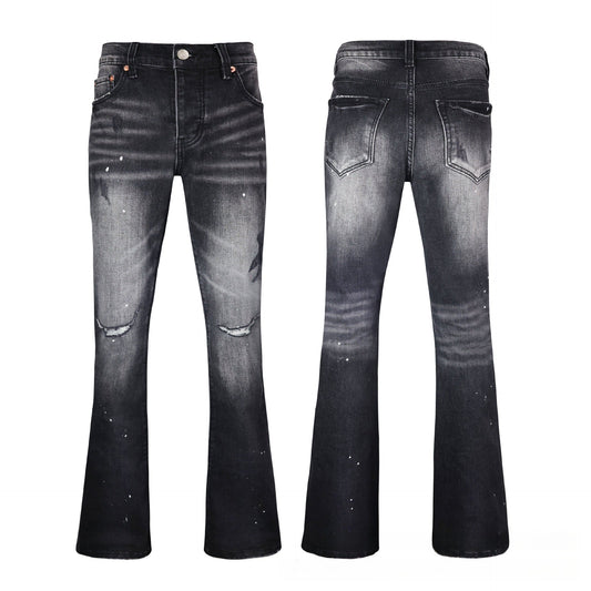 Premium Charcoal Black Denim - Artistic Paint Splatter Detail with High-Contrast Fading
