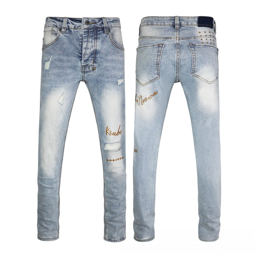 Faded Light Blue High Waisted Flare Jeans - Gold Stitch Ripped Wide Leg with Back Pocket Studs