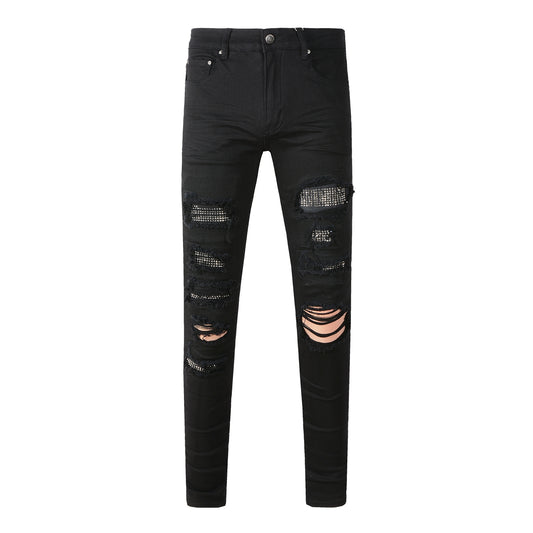 Men’s Slim Fit Black Jeans with Extensive Distressed Rips and Eye-Catching Sequin Details for a Bold Night Out Look 565