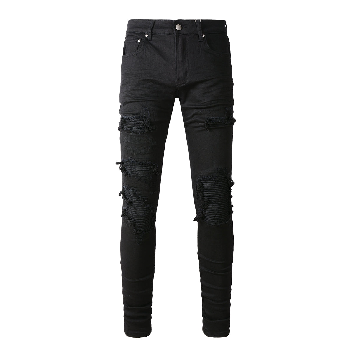 Men’s Black Skinny Jeans with Layered Ripped Panels and Ribbed Patch Details for a Rugged Street Look 569