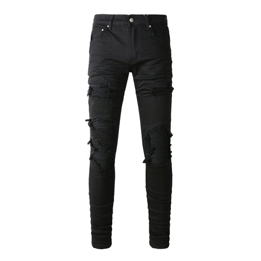 Men’s Black Skinny Jeans with Layered Ripped Panels and Ribbed Patch Details for a Rugged Street Look 569