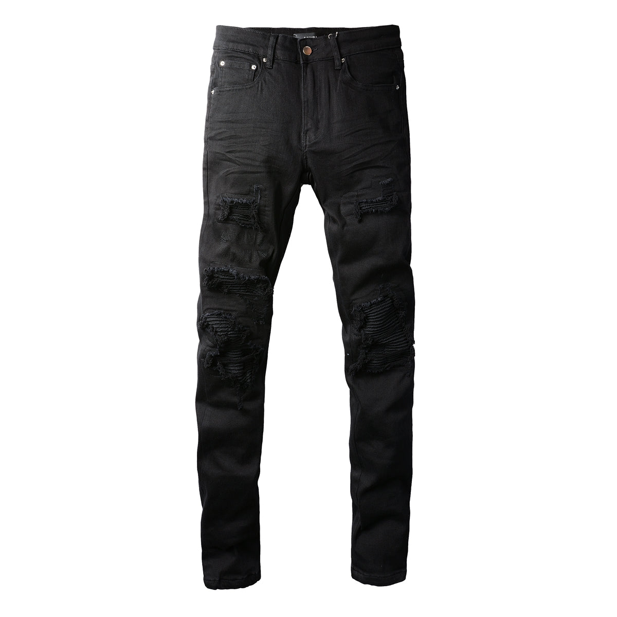 Men’s Black Skinny Jeans with Layered Ripped Panels and Ribbed Patch Details for a Rugged Street Look 569