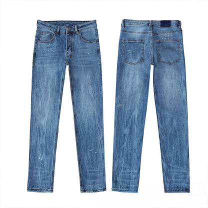 Men's Blue Distressed Jeans with White Paint Splatter Slim Fit Denim Pants Streetwear Style