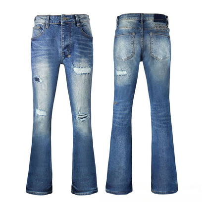 Men's Blue Slim Fit Jeans - Bold Radial Whisker Fading & Two-Tone Paneled Design