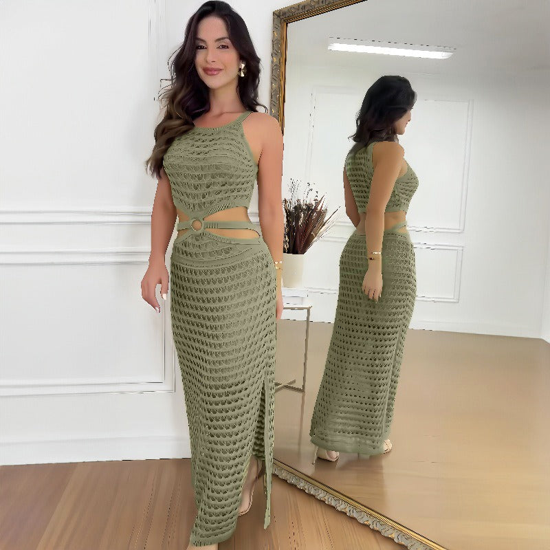 New Fashionable Asymmetrical Hollow-Out Knit Solid Color Sexy Waist-Exposing Split Dress D1993385