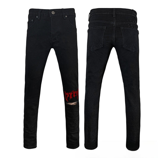 Black Vintage Ripped Flare Jeans with Red Flame-Style Embroidery - Slim Fit Bell Bottom Denim