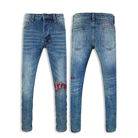 Men's Medium Blue Slim Jeans - Unique Red Embroidery Detail & Ripped Knee Design