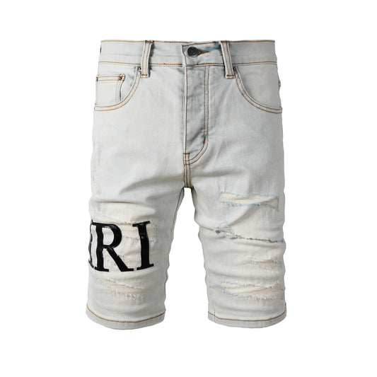 Men’s Light Wash Distressed Denim Shorts with Bold Black Letter Print Casual Streetwear Style 6001