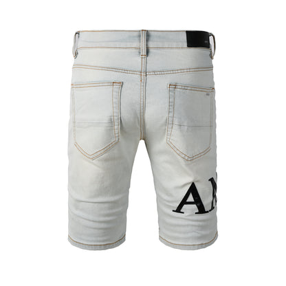 Men’s Light Wash Distressed Denim Shorts with Bold Black Letter Print Casual Streetwear Style 6001