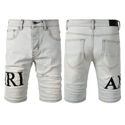 Men’s Light Wash Distressed Denim Shorts with Bold Black Letter Print Casual Streetwear Style 6001