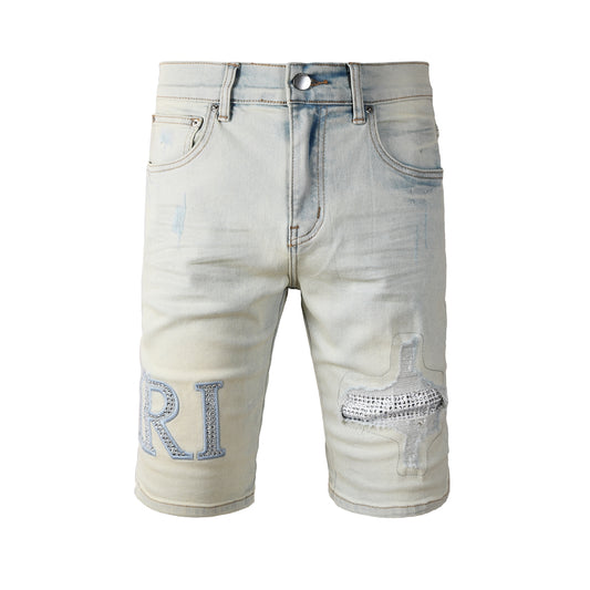 Men's Light Wash Denim Shorts with Rhinestone Patch and Distressed Details 6002