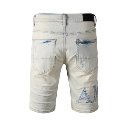 Men's Light Wash Denim Shorts with Rhinestone Patch and Distressed Details 6002