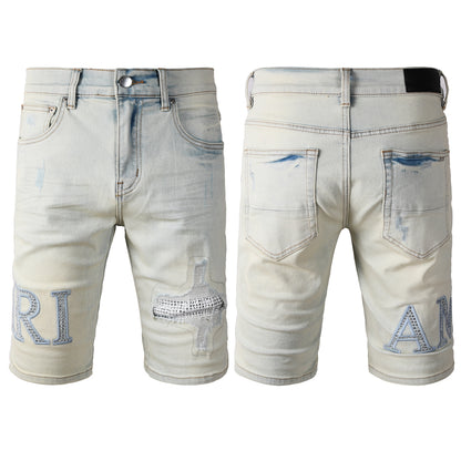 Men's Light Wash Denim Shorts with Rhinestone Patch and Distressed Details 6002