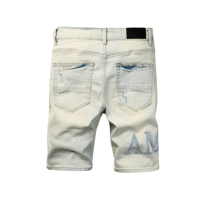 Men's Light Wash Denim Shorts with Rhinestone Patch and Distressed Details 6002