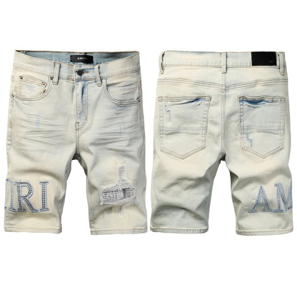 Men's Light Wash Denim Shorts with Rhinestone Patch and Distressed Details 6002