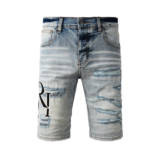 Men's Light Blue Distressed Denim Shorts with Heavy Rips and Washed Effect 6003